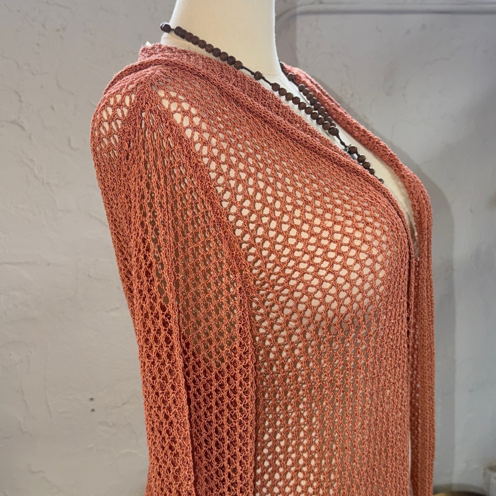 ELAN Crochet Bronze Copper Open Front‎ Hooded Duster Cardigan Jacket Cover-up L - Picture 5 of 10